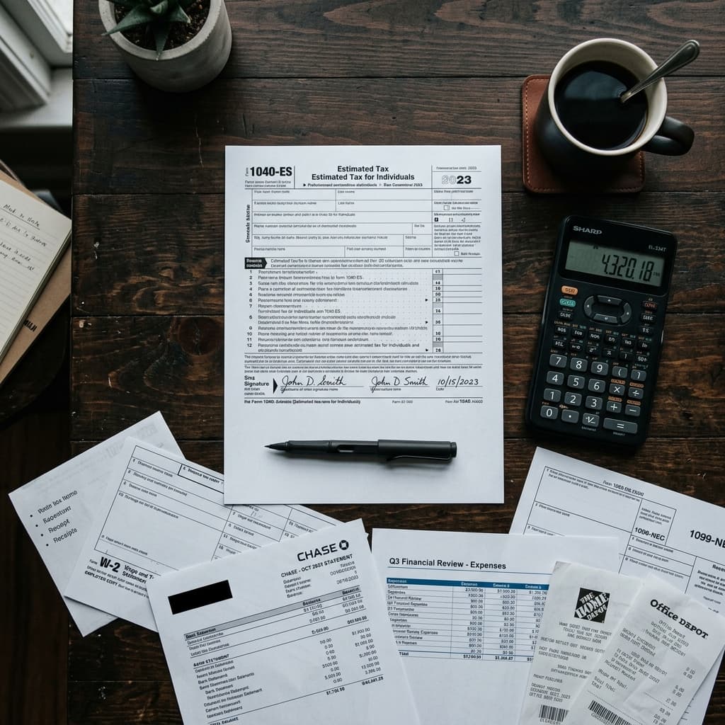 Tax documents and calculator on a professional desk